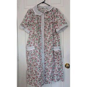 VTG Spotlight Pearl Snap House Coat Womens 1X XL Pink Floral Lace Collar Pockets